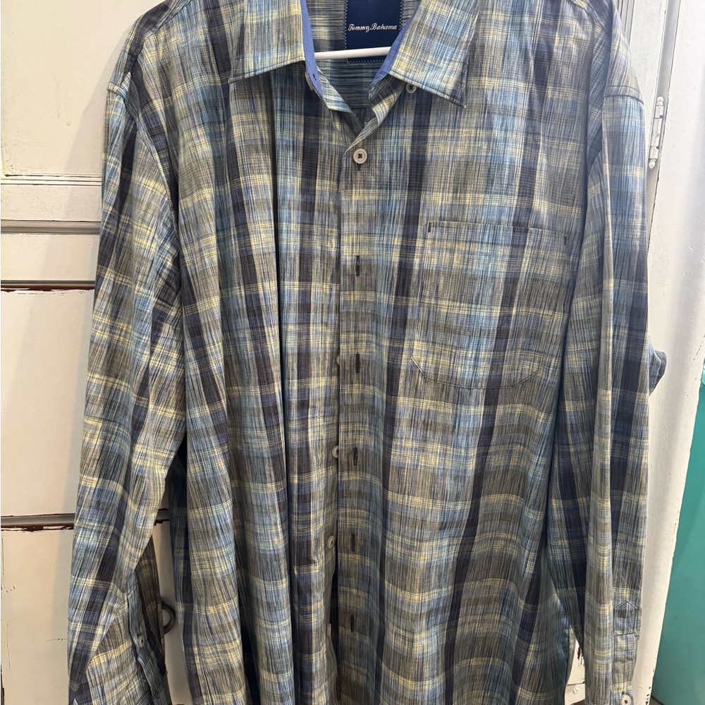 Tommy Bahama Men's Green and Blue Checkered Shirt